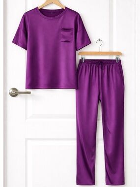Women's Satin Pajama Set - Purple Short Sleeve Top & Elastic Waist Pants Sz M